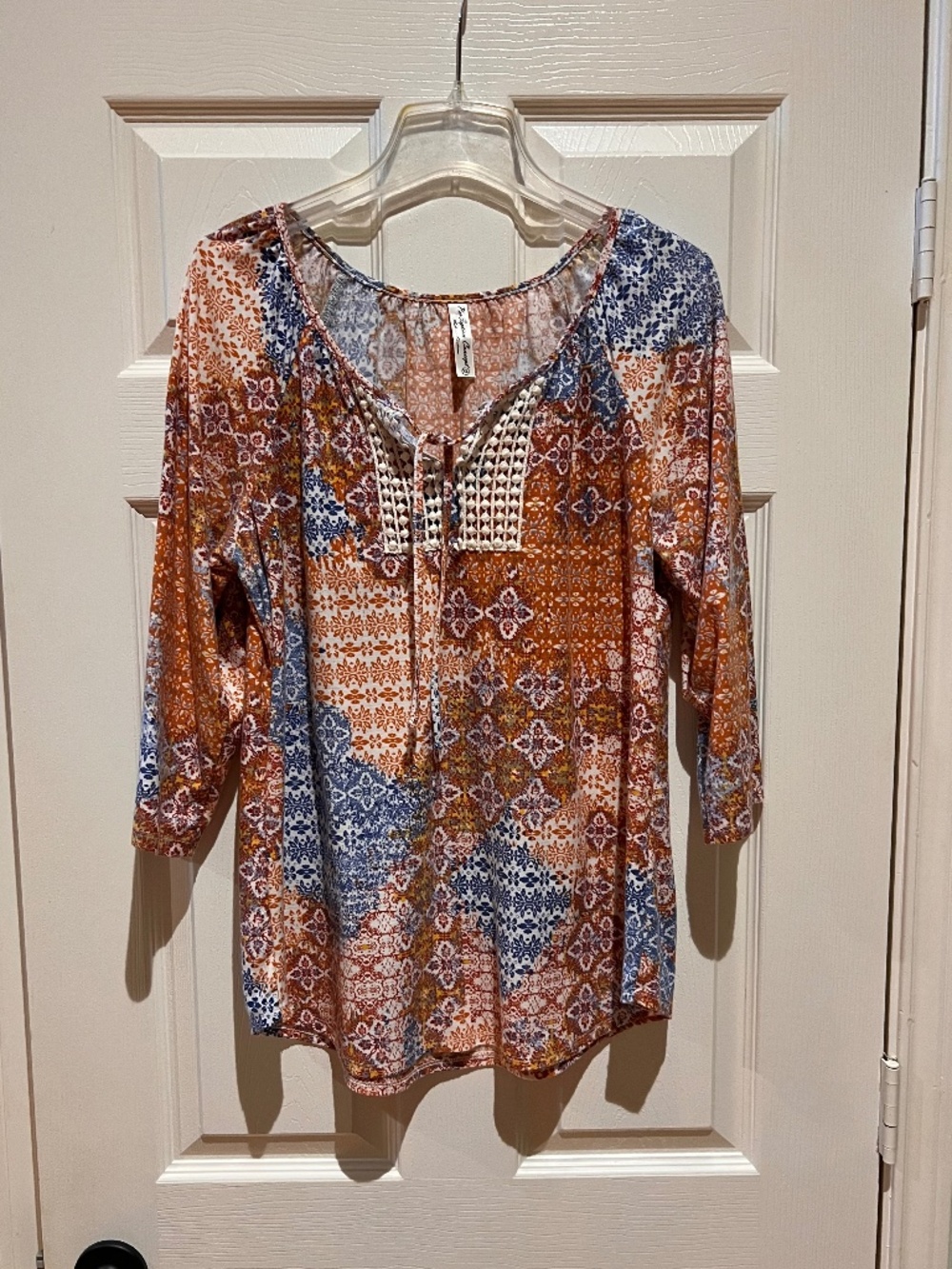 PerSeption Concept Boho Patchwork Print Split Neck Lace Blouse XL